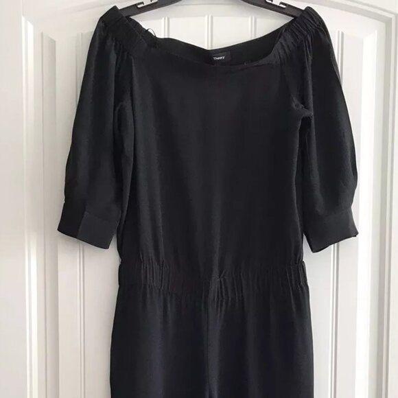THEORY SILK ELASTIC WAIST 3/4 SLEEVE TWO SIDE POCKET WIDE LEG JUMPSUIT SZ 4 - Picture 7 of 9